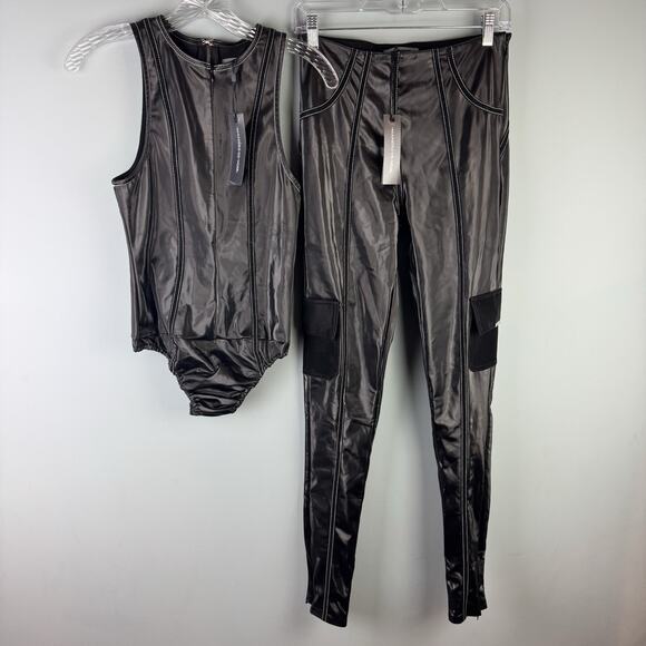 NWT Maniere De Voir Faux Leather Bodysuit & Pants Set Womens Size UK 10 or US 6 - Picture 1 of 16